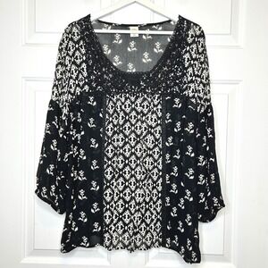 Bila Black White Floral Print Crochet Neck Tunic Top Blouse Plus Size XXL